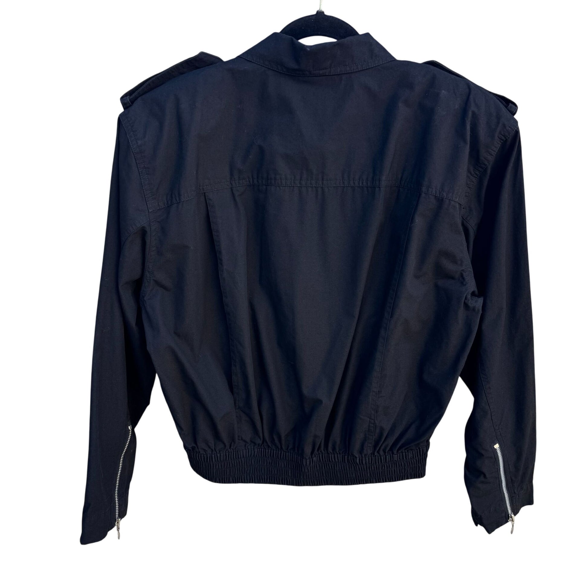 Lizsport Vintage Black Cropped Bomber Biker Jacket Zippers Oversized Epaulets L