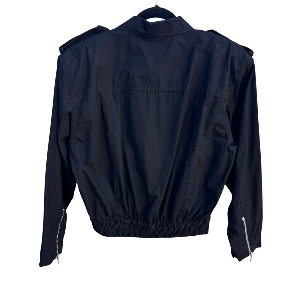 Lizsport Vintage Black Cropped Bomber Biker Jacket Zippers Oversized Epaulets L