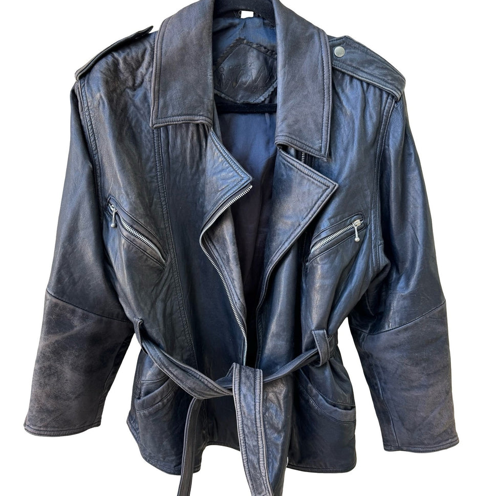 Plantation Vintage Grunge Rocker Belted Distressed Biker Moto Jacket ZIPPER FLAW