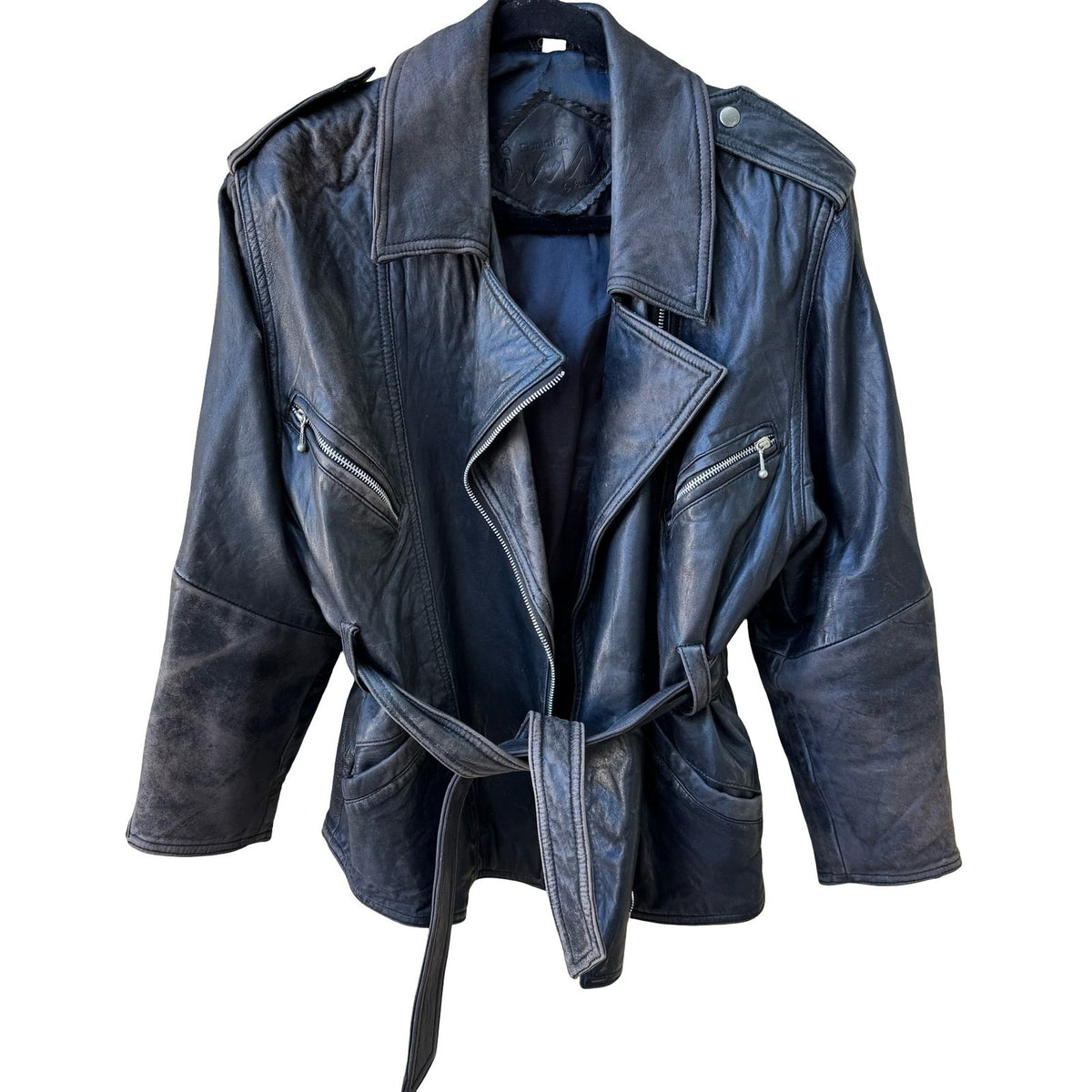 Plantation Vintage Grunge Rocker Belted Distressed Biker Moto Jacket ZIPPER FLAW