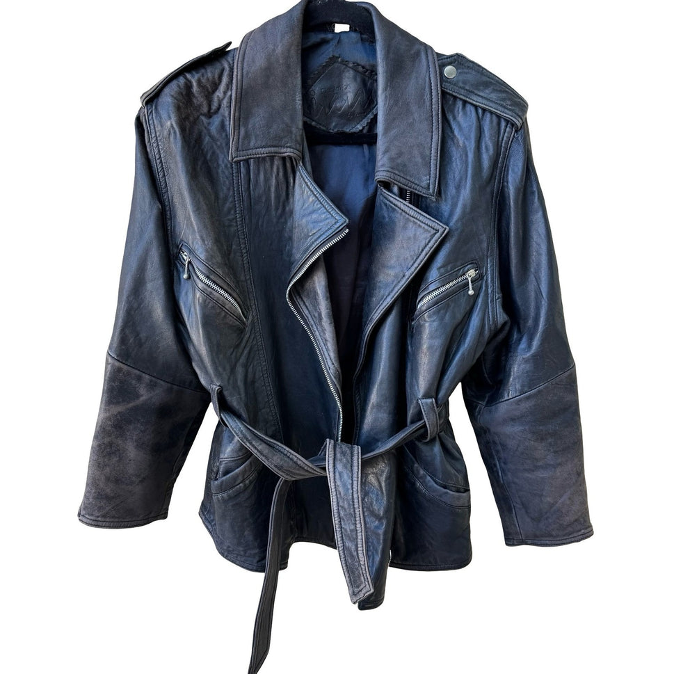 Plantation Vintage Grunge Rocker Belted Distressed Biker Moto Jacket ZIPPER FLAW