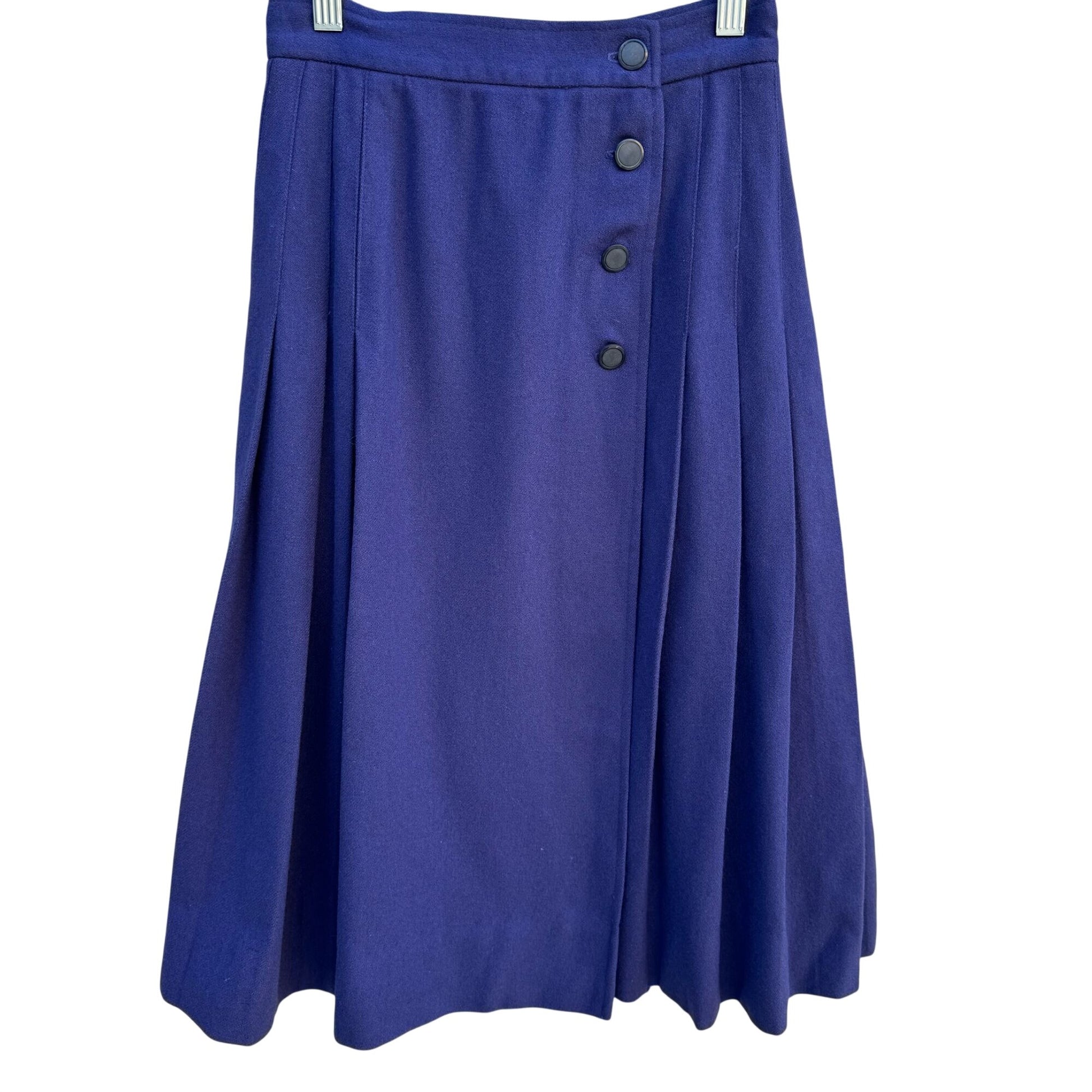 Vintage 70s Womens Blue Side Button Pleated Wool Midi Skirt Preppy Professional