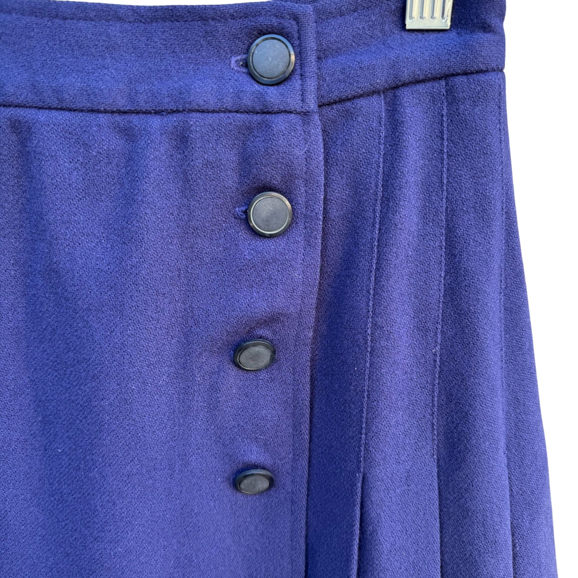 Vintage 70s Womens Blue Side Button Pleated Wool Midi Skirt Preppy Professional