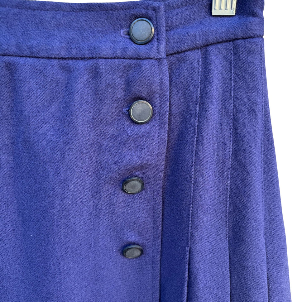 Vintage 70s Womens Blue Side Button Pleated Wool Midi Skirt Preppy Professional