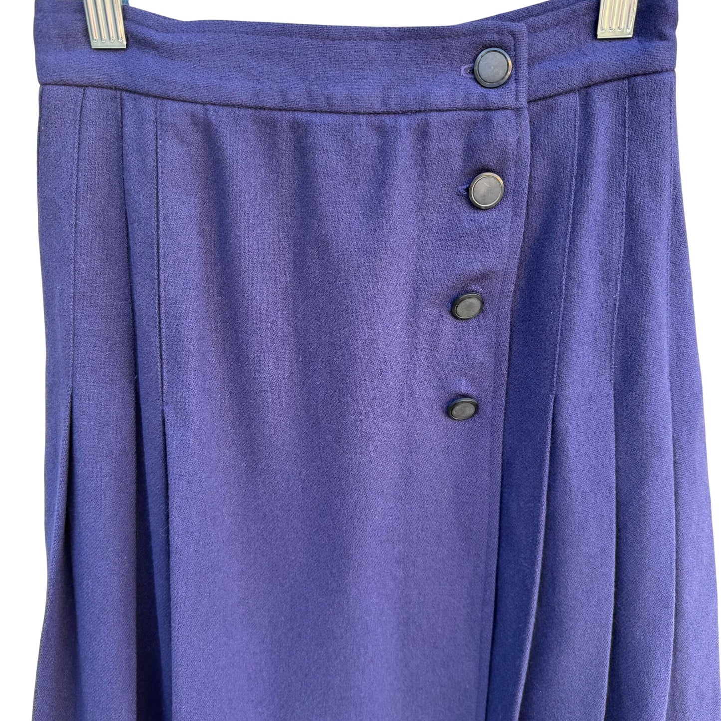 Vintage 70s Womens Blue Side Button Pleated Wool Midi Skirt Preppy Professional