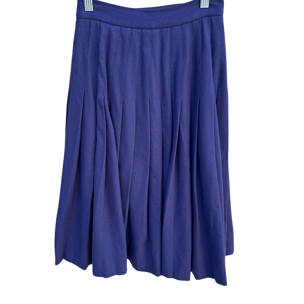 Vintage 70s Womens Blue Side Button Pleated Wool Midi Skirt Preppy Professional