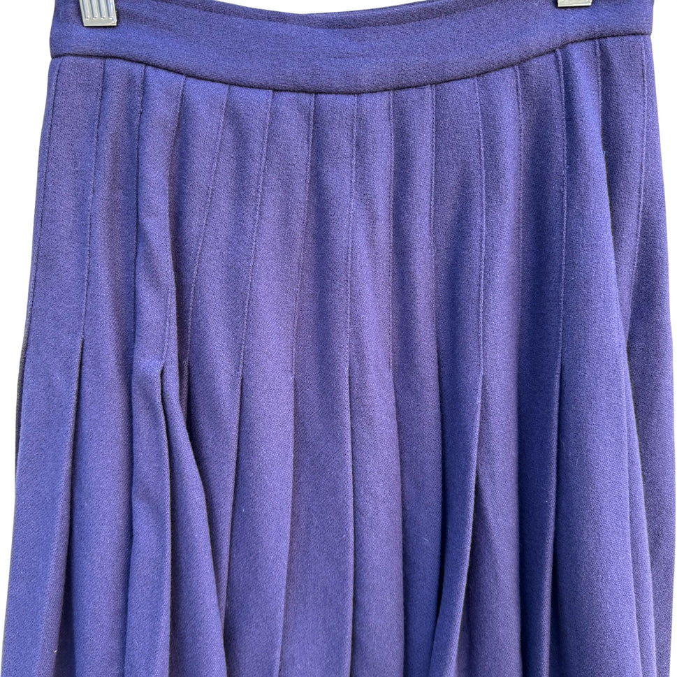 Vintage 70s Womens Blue Side Button Pleated Wool Midi Skirt Preppy Professional