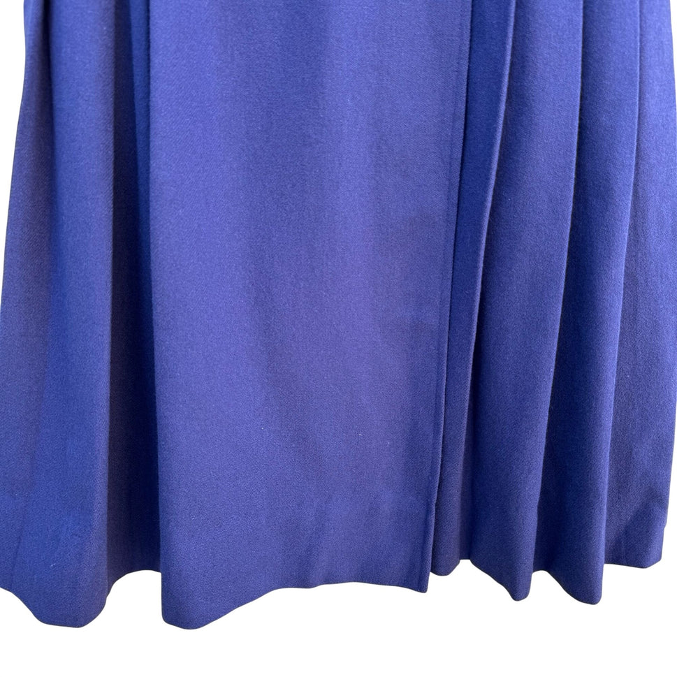 Vintage 70s Womens Blue Side Button Pleated Wool Midi Skirt Preppy Professional