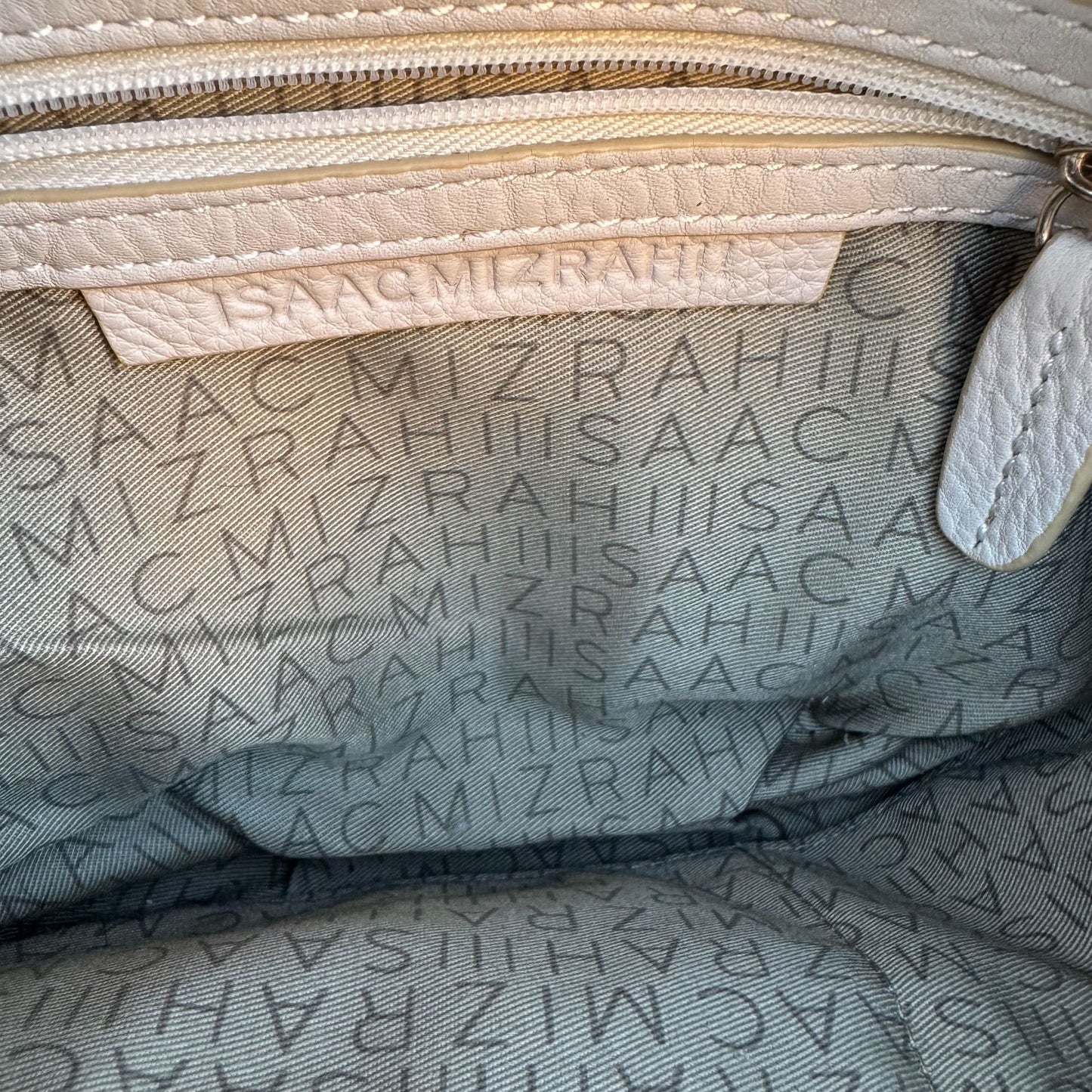 Isaac Mizrahi White Leather Crossbody Bag Gold Charm Tassel Accent Zip Top