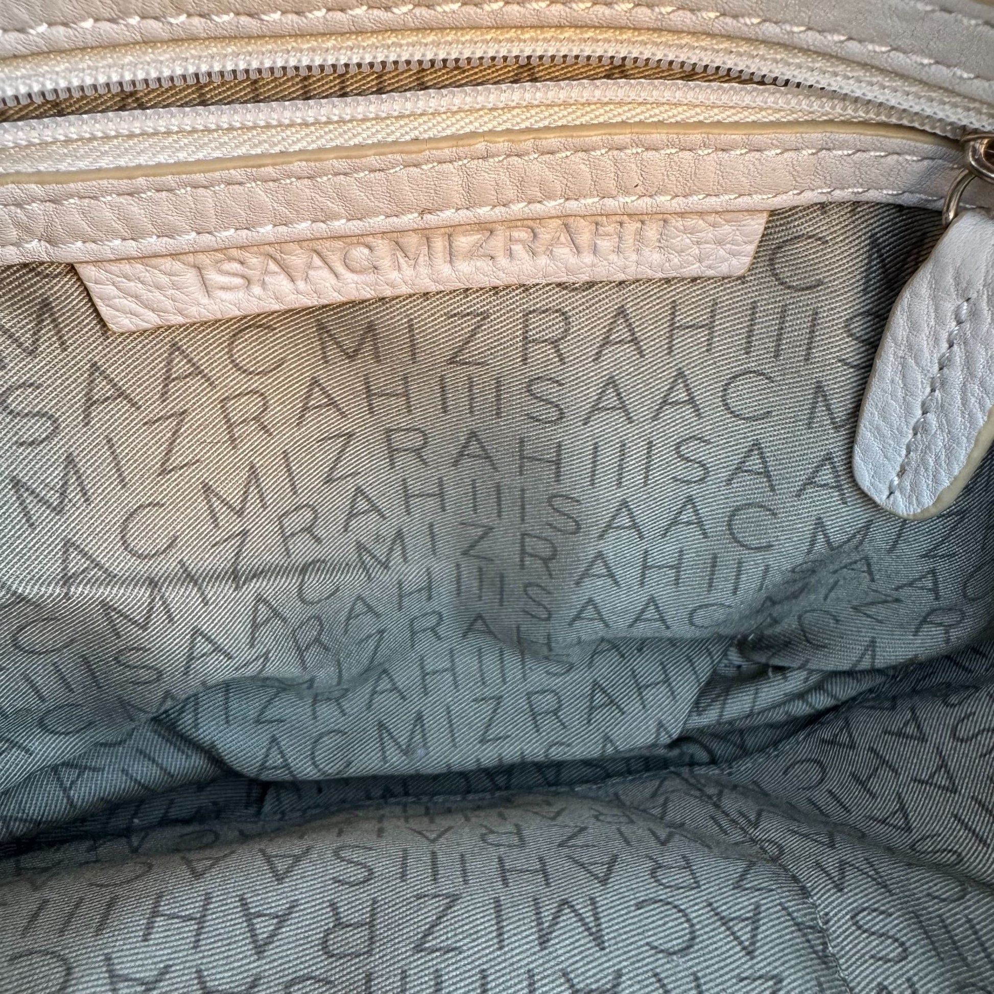 Isaac Mizrahi White Leather Crossbody Bag Gold Charm Tassel Accent Zip Top