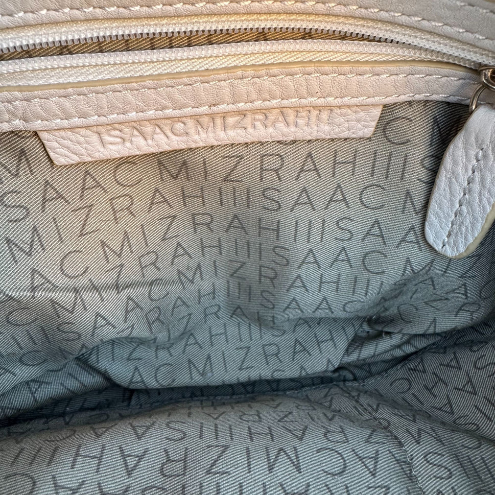 Isaac Mizrahi White Leather Crossbody Bag Gold Charm Tassel Accent Zip Top