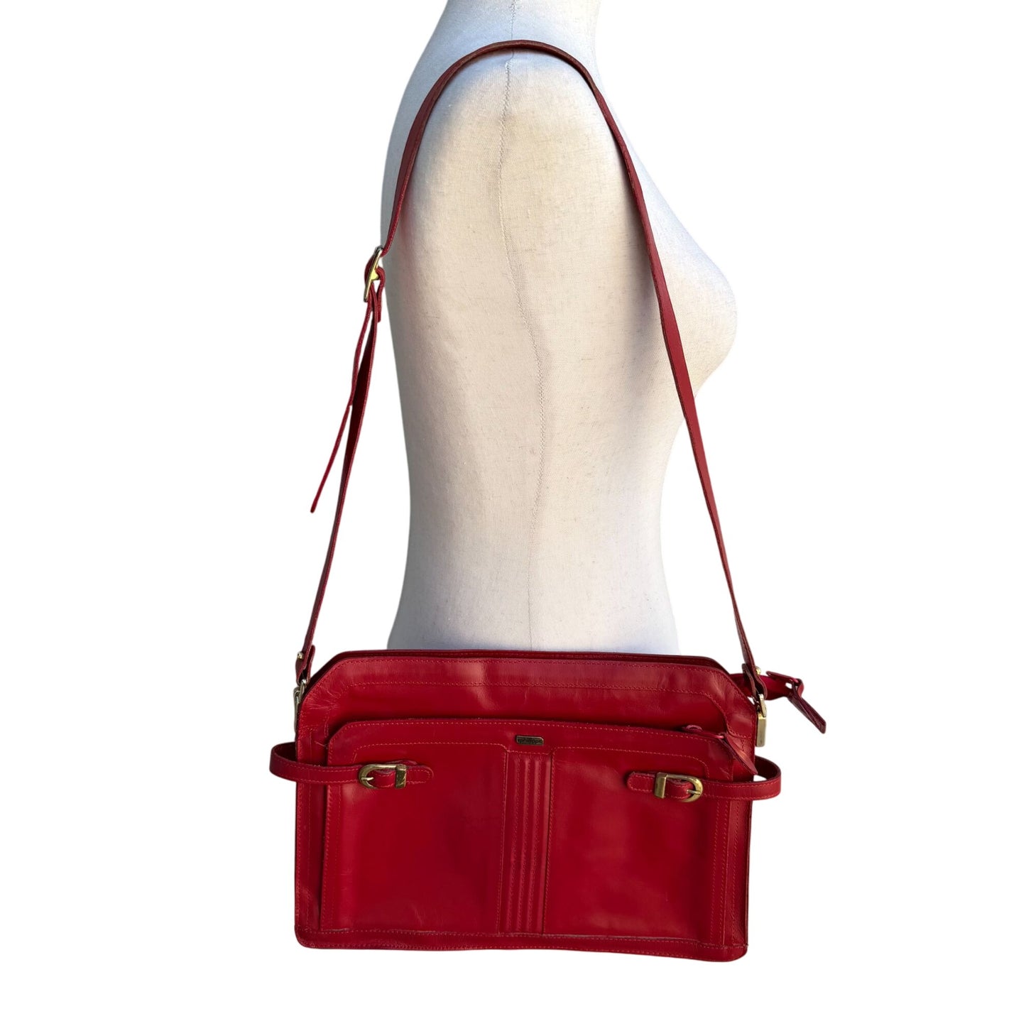 Phillippe Vintage Red Leather Adjustable Strap & Gold Buckle Accent Shoulder Bag