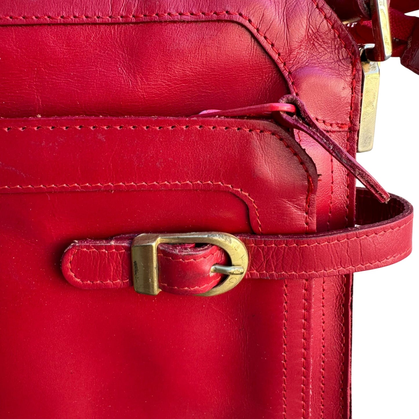 Phillippe Vintage Red Leather Adjustable Strap & Gold Buckle Accent Shoulder Bag