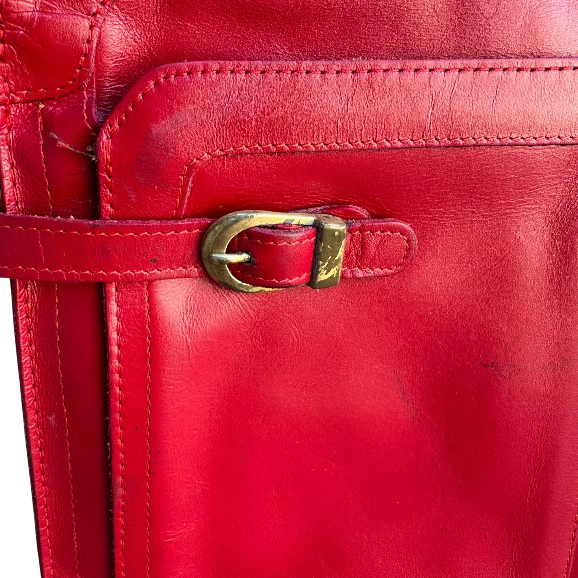 Phillippe Vintage Red Leather Adjustable Strap & Gold Buckle Accent Shoulder Bag