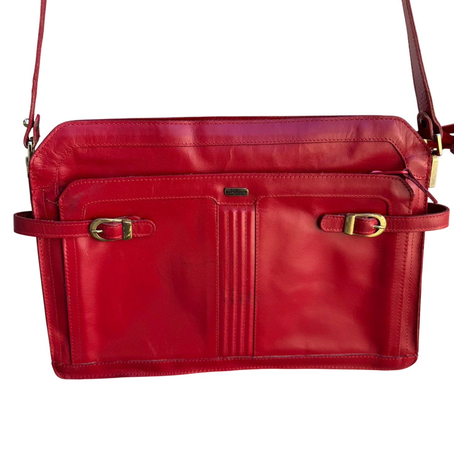 Phillippe Vintage Red Leather Adjustable Strap & Gold Buckle Accent Shoulder Bag