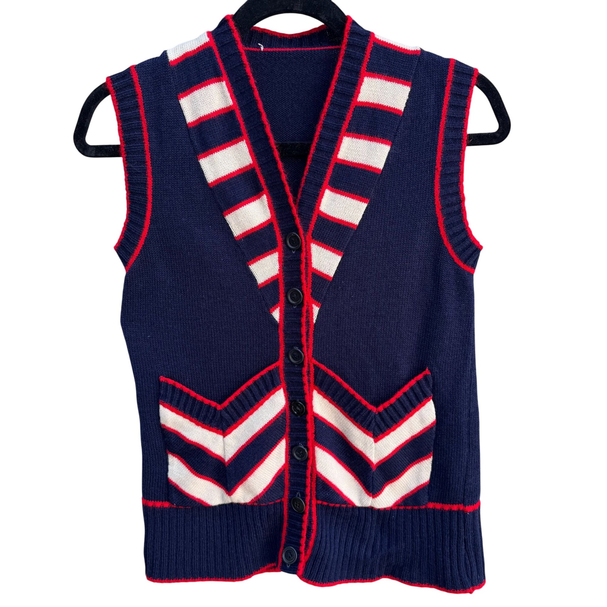 Vintage 60s Womens Navy Red Knit Striped Chevron Retro Sleeveless Sweater Vest