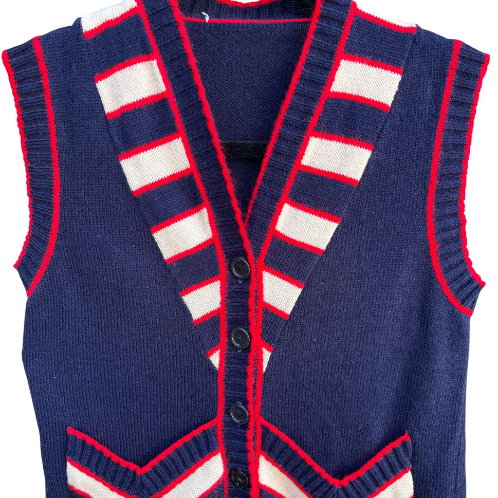 Vintage 60s Womens Navy Red Knit Striped Chevron Retro Sleeveless Sweater Vest