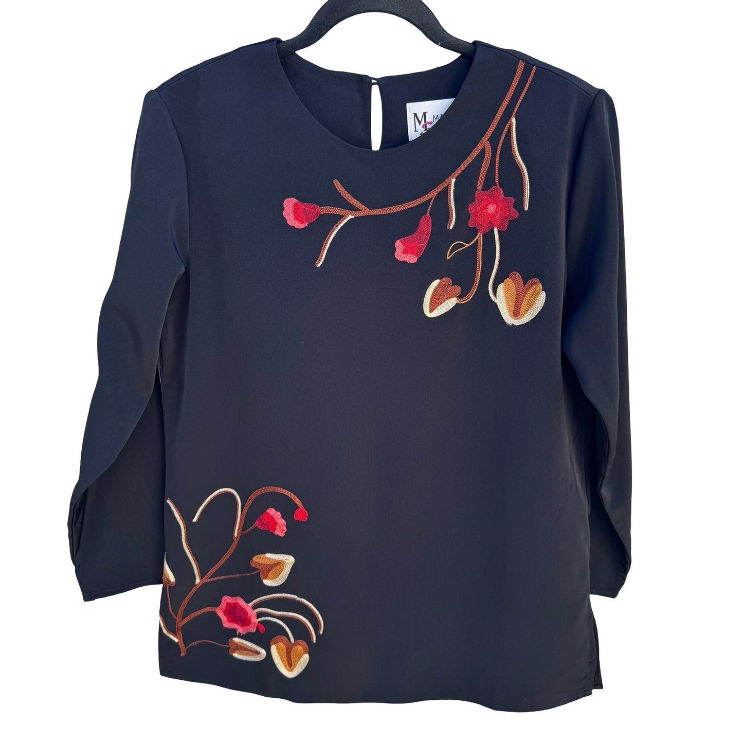Maggie Sweet Vintage 90s Womens S Black Floral Embroidered Long Sleeve Blouse