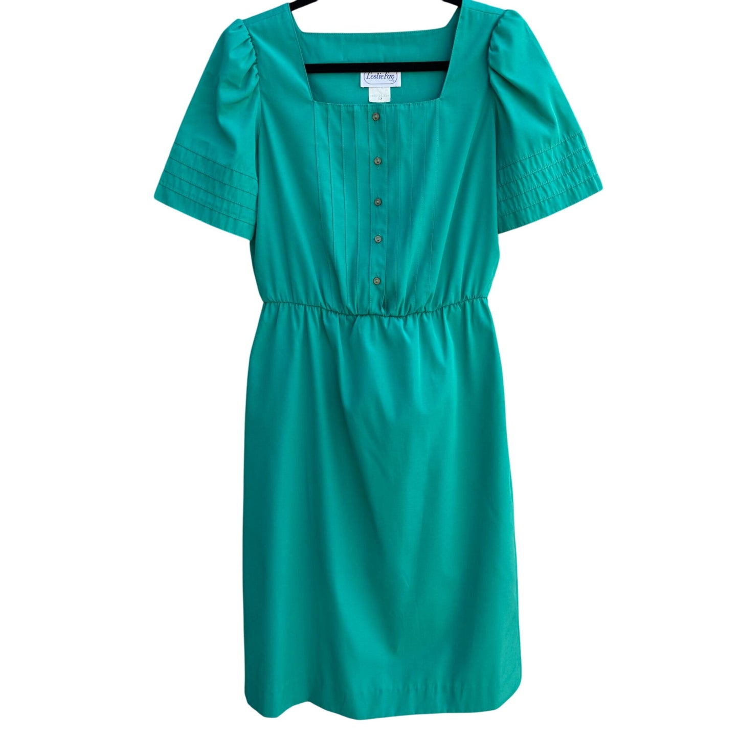 Leslie Fay Vintage Green Short-Sleeve Pintuck Detail Button Front Midi Dress 12