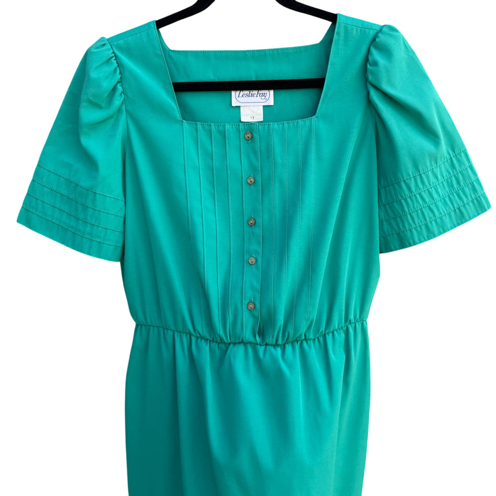 Leslie Fay Vintage Green Short-Sleeve Pintuck Detail Button Front Midi Dress 12
