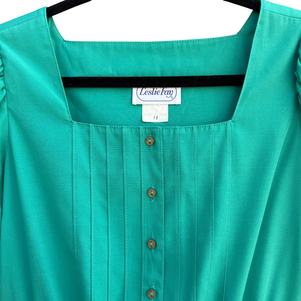 Leslie Fay Vintage Green Short-Sleeve Pintuck Detail Button Front Midi Dress 12
