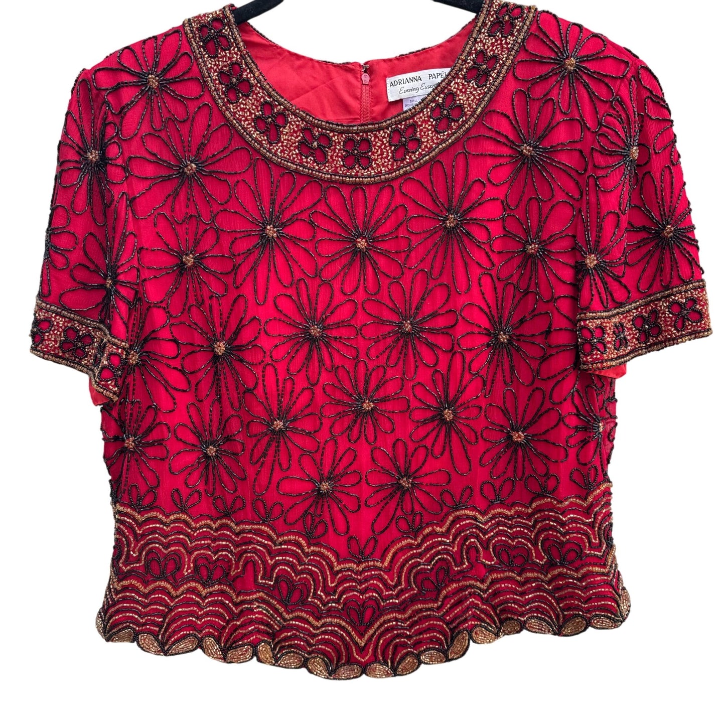 Adrianna Papell Evening Essentials Vintage Womens Red Beaded Floral Crop Top XL