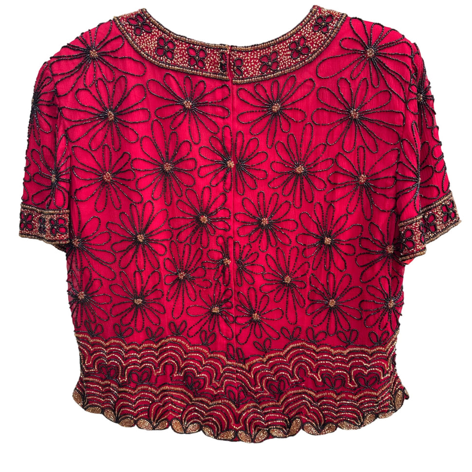 Adrianna Papell Evening Essentials Vintage Womens Red Beaded Floral Crop Top XL