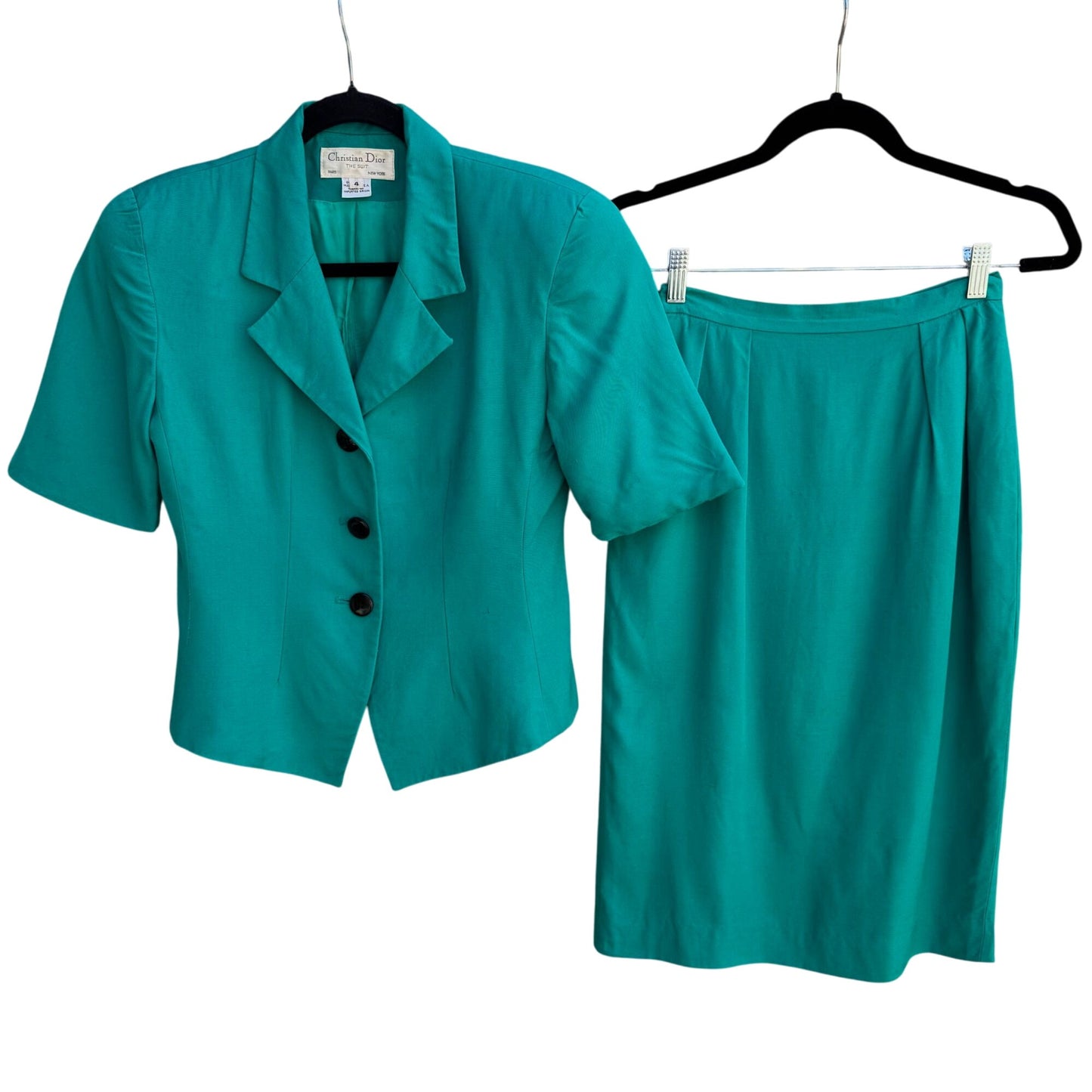 Christian Dior Vintage Womens Teal Short Sleeve Blazer Pencil Skirt Suit Set 4