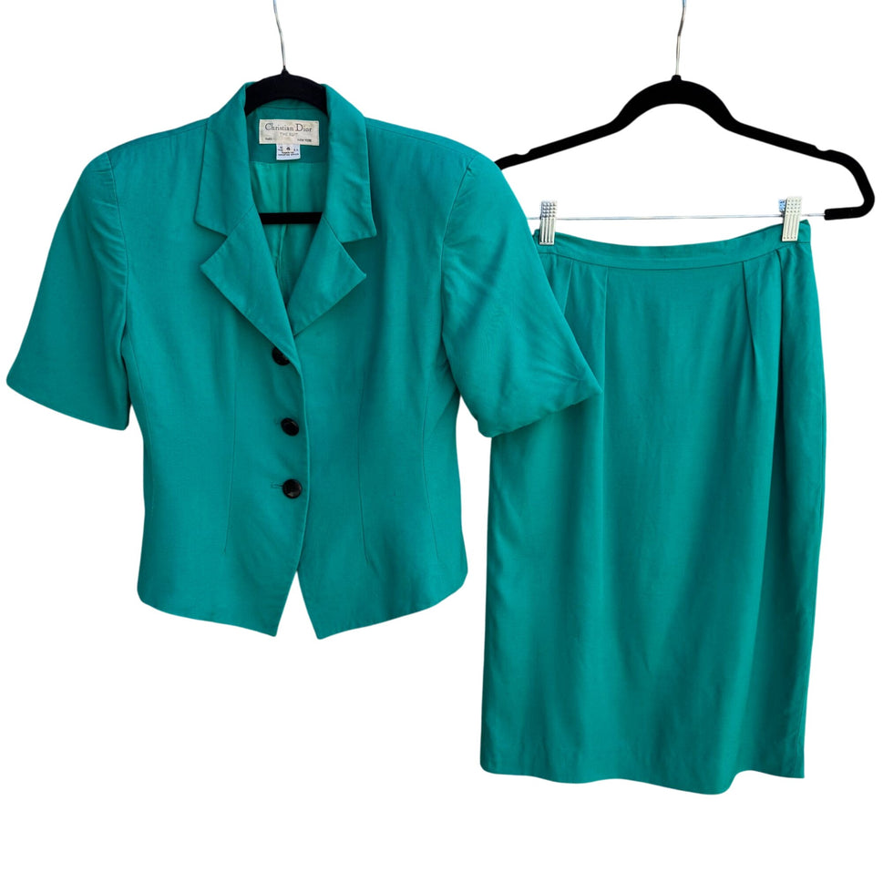 Christian Dior Vintage Womens Teal Short Sleeve Blazer Pencil Skirt Suit Set 4