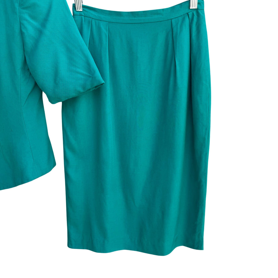 Christian Dior Vintage Womens Teal Short Sleeve Blazer Pencil Skirt Suit Set 4