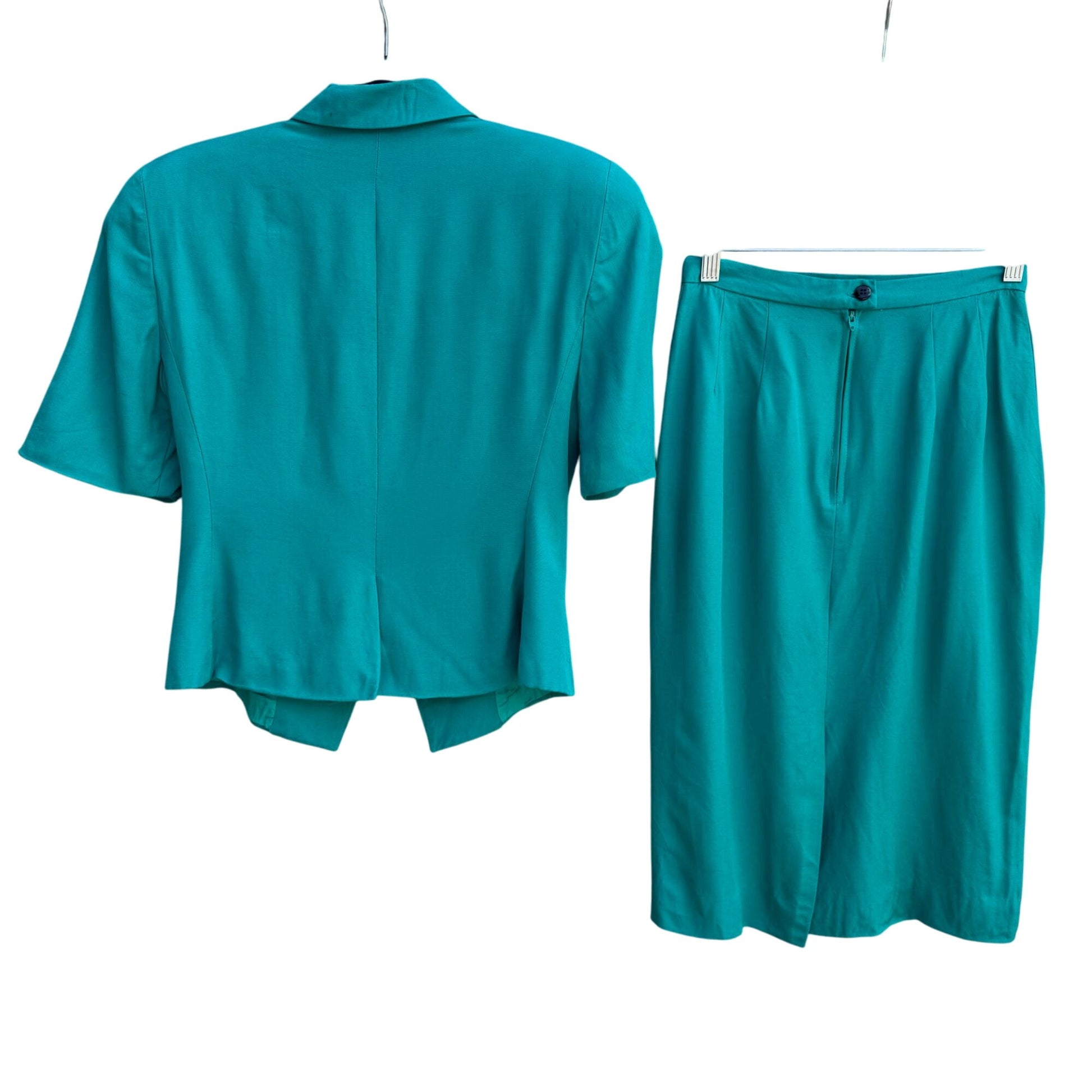 Christian Dior Vintage Womens Teal Short Sleeve Blazer Pencil Skirt Suit Set 4