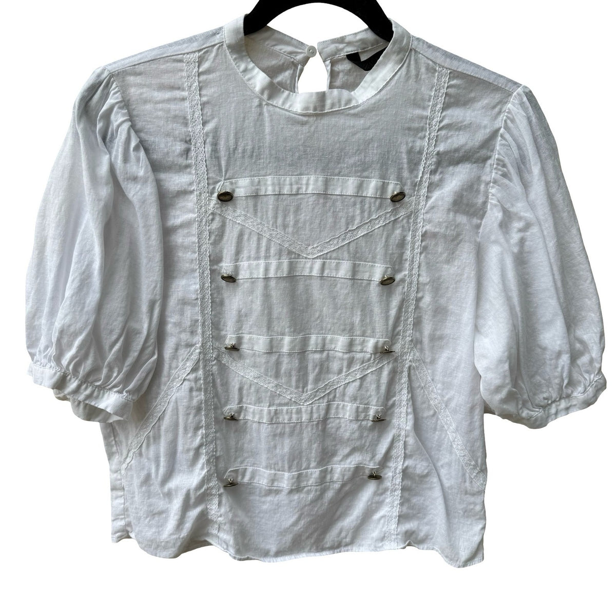 Zara Lace Trim Cotton Linen Military Victorian Regencycore Puff Sleeve Blouse L