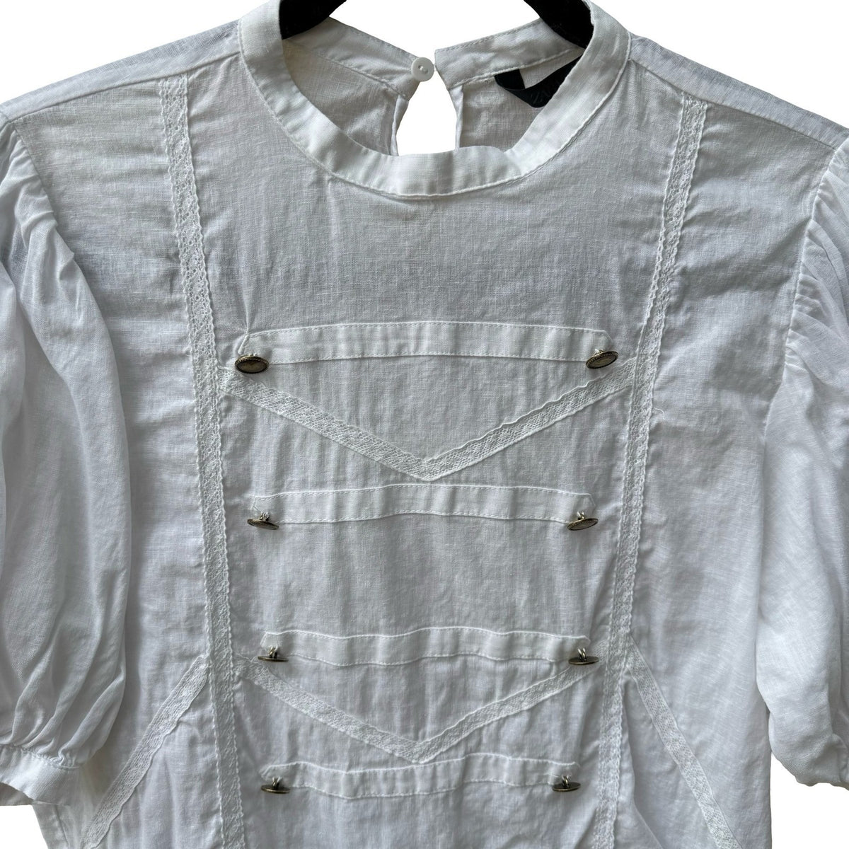 Zara Lace Trim Cotton Linen Military Victorian Regencycore Puff Sleeve Blouse L