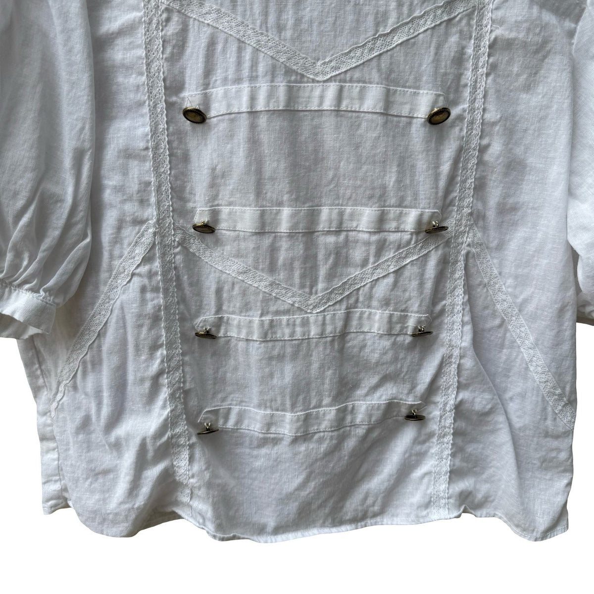 Zara Lace Trim Cotton Linen Military Victorian Regencycore Puff Sleeve Blouse L