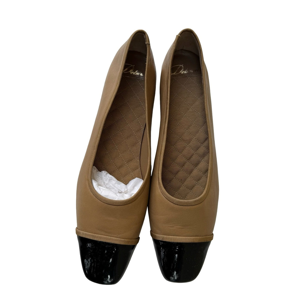 Delman Vintage Cap Toe Quilted Insole Parisian Ballet Flats Tan Black Womens 11M