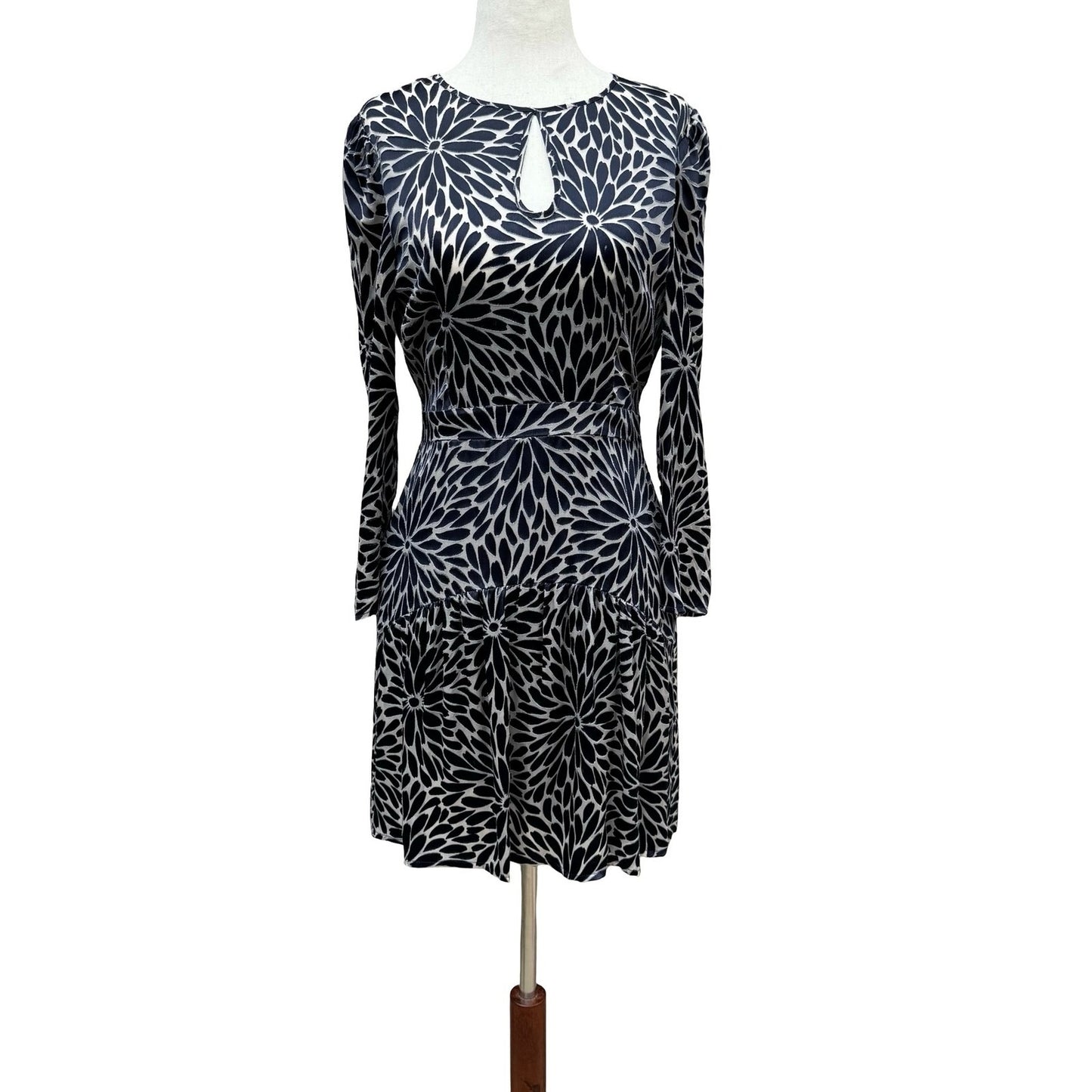 Rebecca Taylor Navy Blue Silver Floral Burnout Velvet Silk Mini Dress Size 2