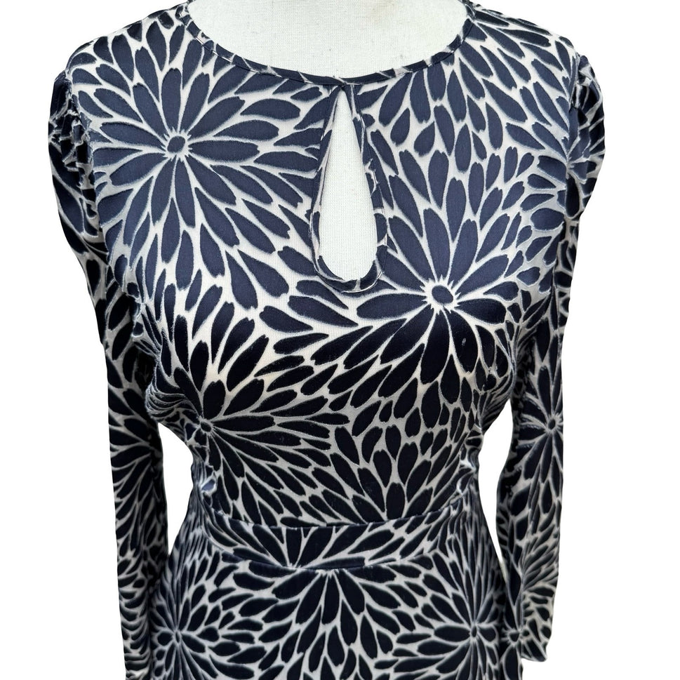 Rebecca Taylor Navy Blue Silver Floral Burnout Velvet Silk Mini Dress Size 2