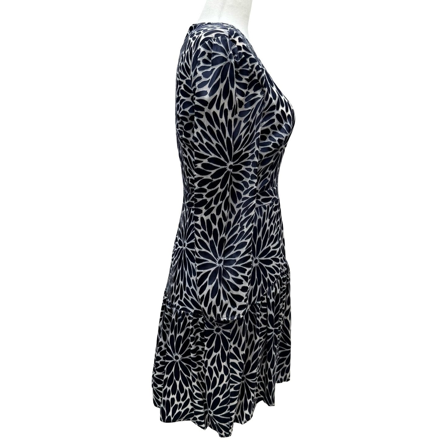 Rebecca Taylor Navy Blue Silver Floral Burnout Velvet Silk Mini Dress Size 2