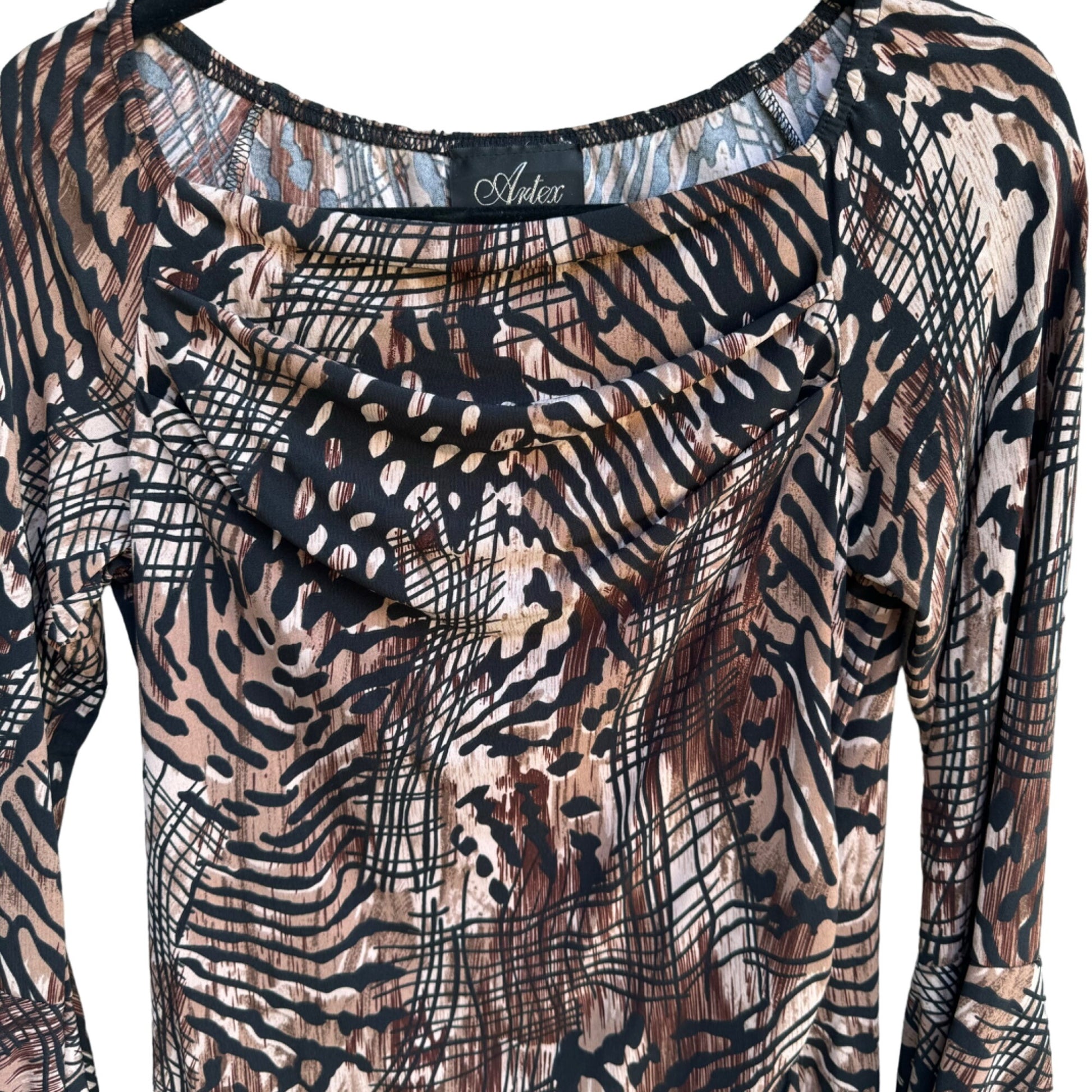 Artex Womens Flowy Semi Sheer Animal Print Black Brown Long Bell Sleeve Top New