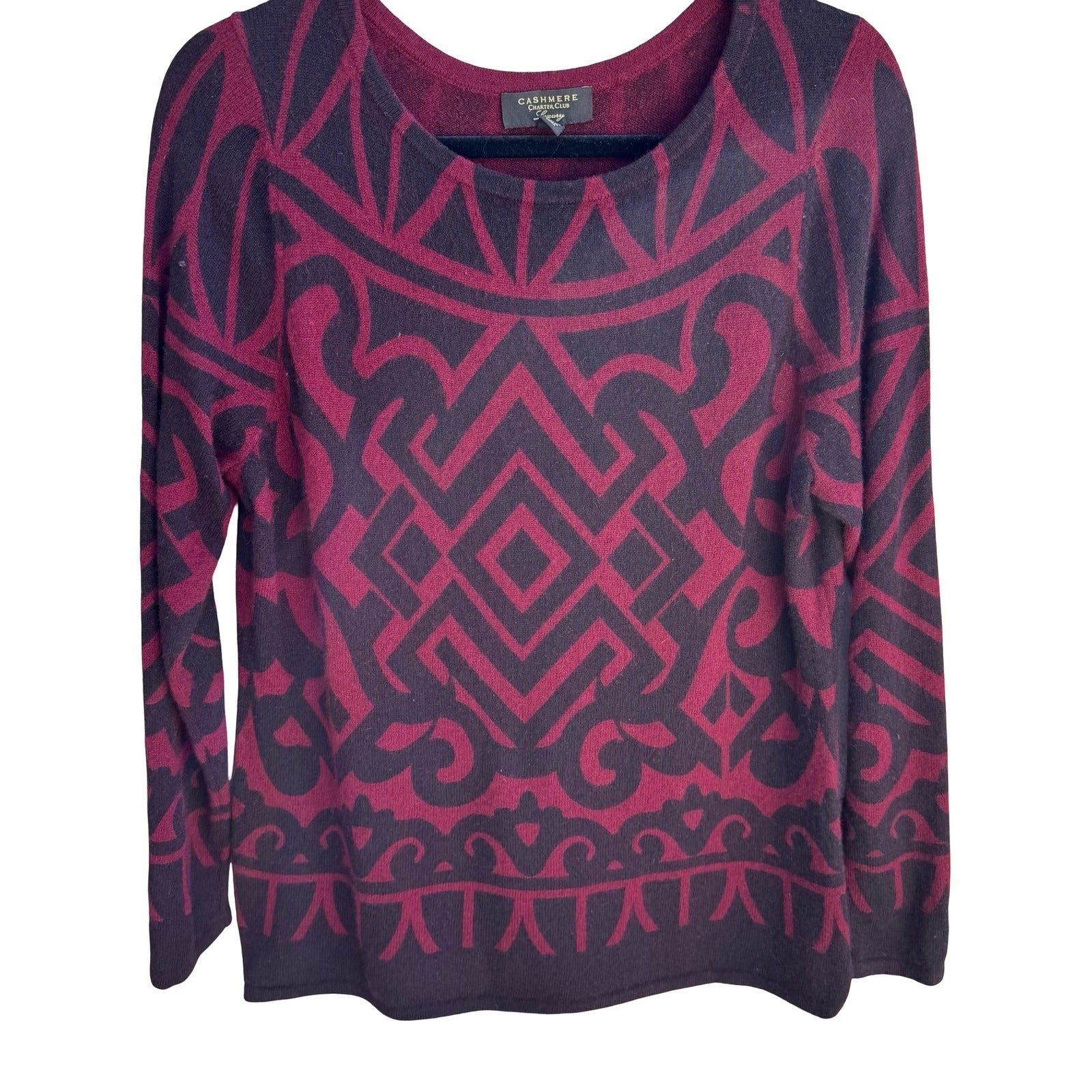 Charter Club Luxury 100% Cashmere Geometric Intarsia Sweater Burgundy L Tribal