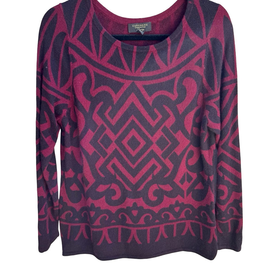 Charter Club Luxury 100% Cashmere Geometric Intarsia Sweater Burgundy L Tribal