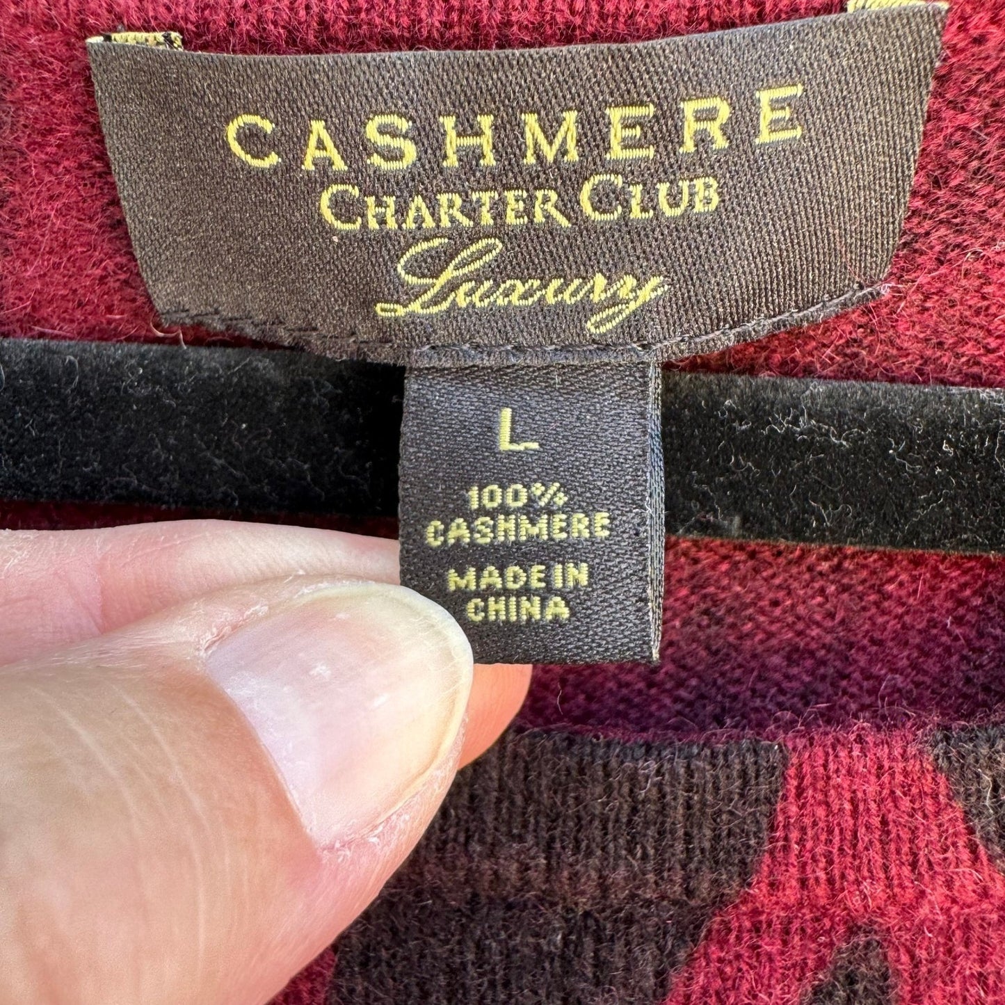 Charter Club Luxury 100% Cashmere Geometric Intarsia Sweater Burgundy L Tribal