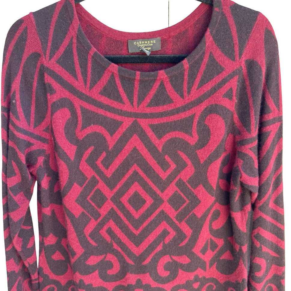 Charter Club Luxury 100% Cashmere Geometric Intarsia Sweater Burgundy L Tribal