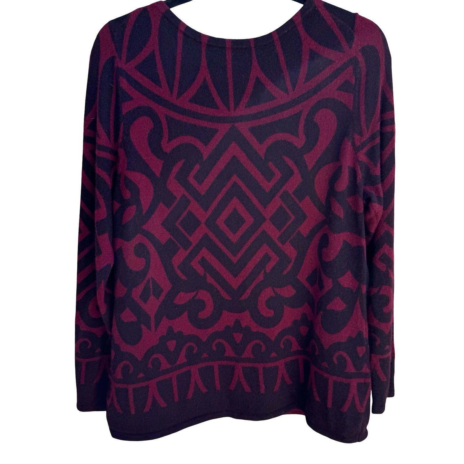 Charter Club Luxury 100% Cashmere Geometric Intarsia Sweater Burgundy L Tribal