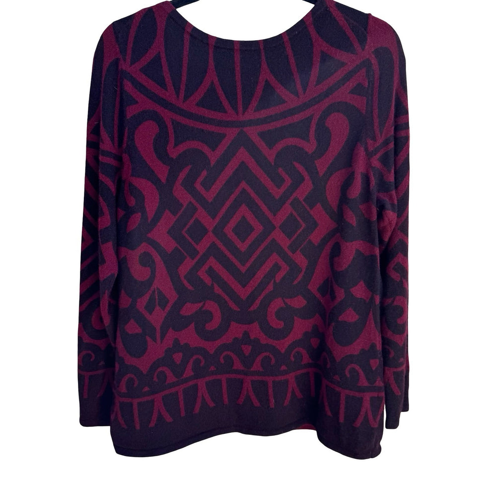 Charter Club Luxury 100% Cashmere Geometric Intarsia Sweater Burgundy L Tribal