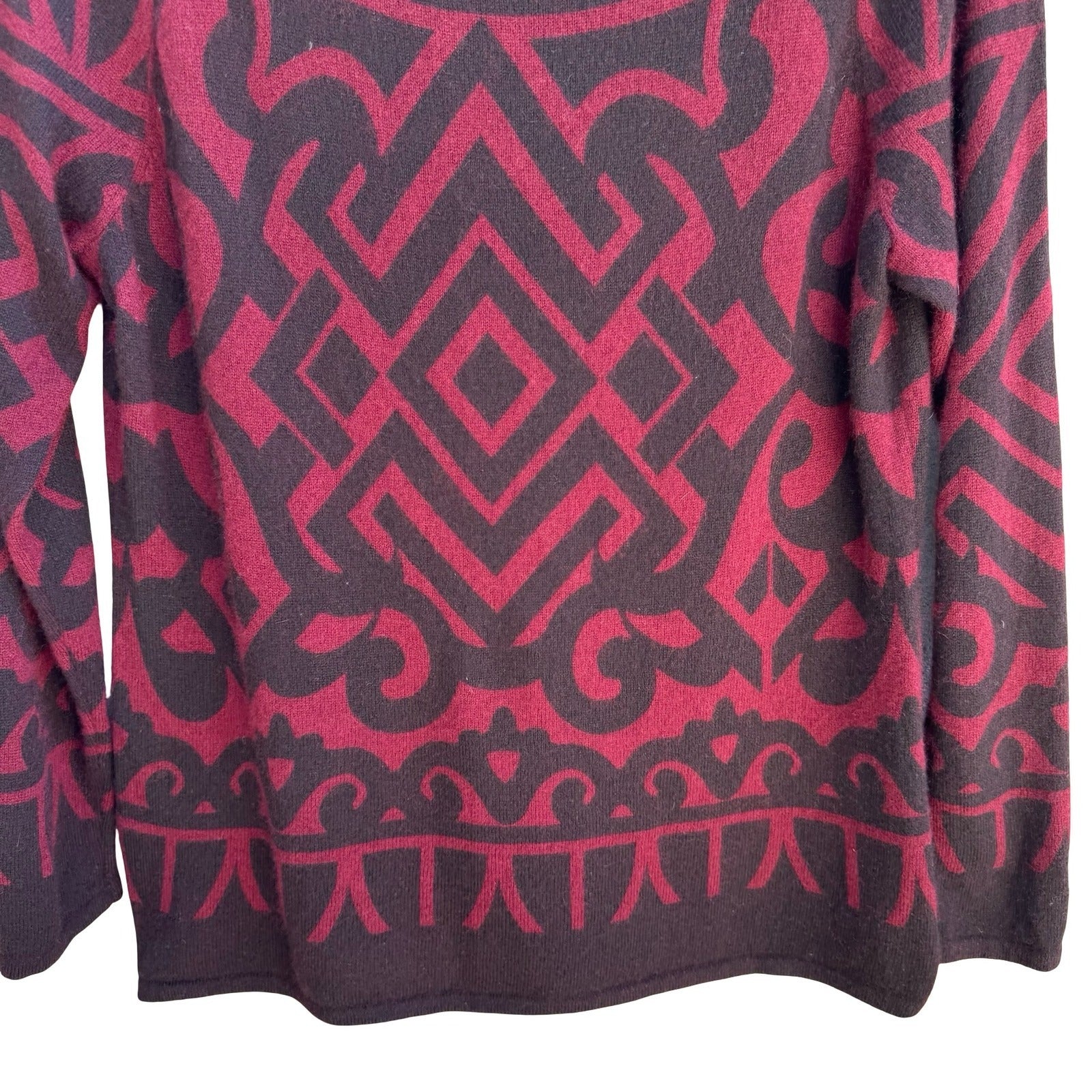 Charter Club Luxury 100% Cashmere Geometric Intarsia Sweater Burgundy L Tribal