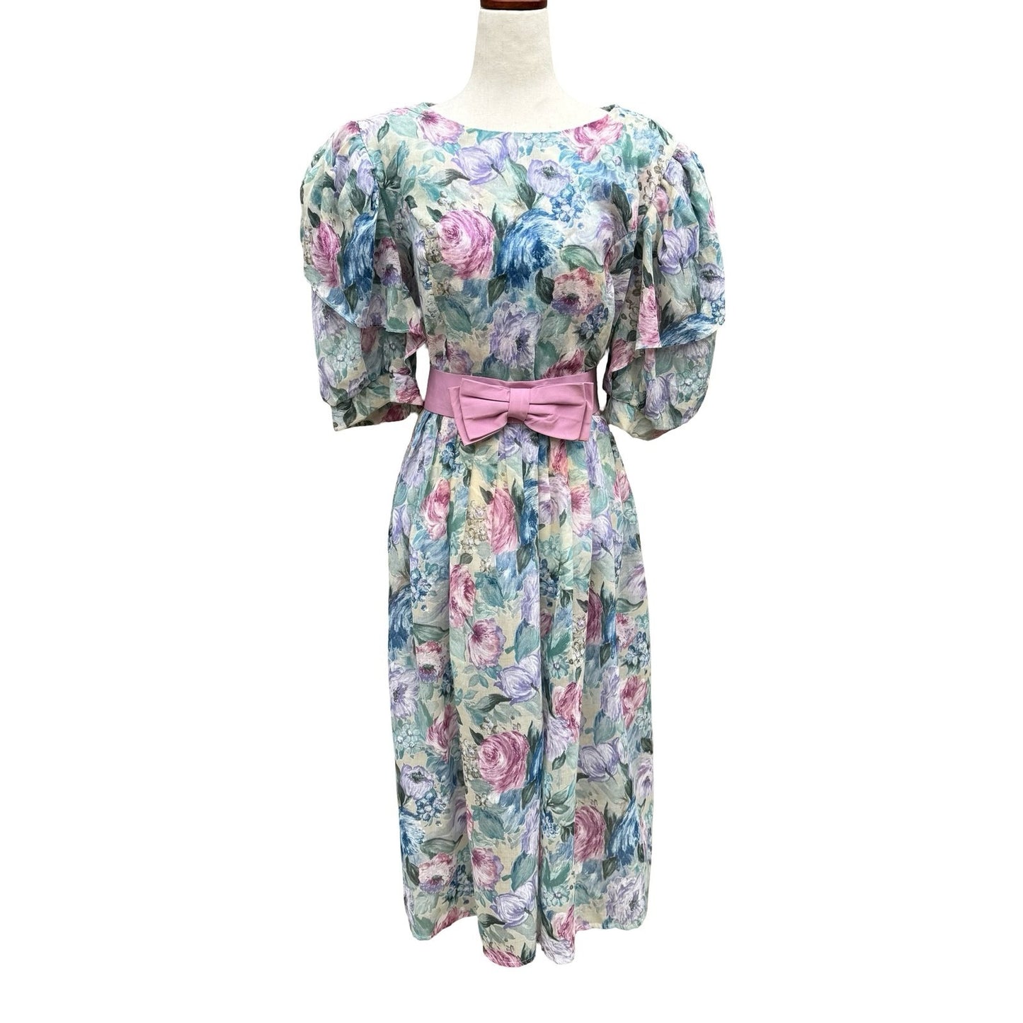 Lady Carol Vintage 80s Floral Puff Sleeve Semi Sheer Midi Dress 16 Cottagecore