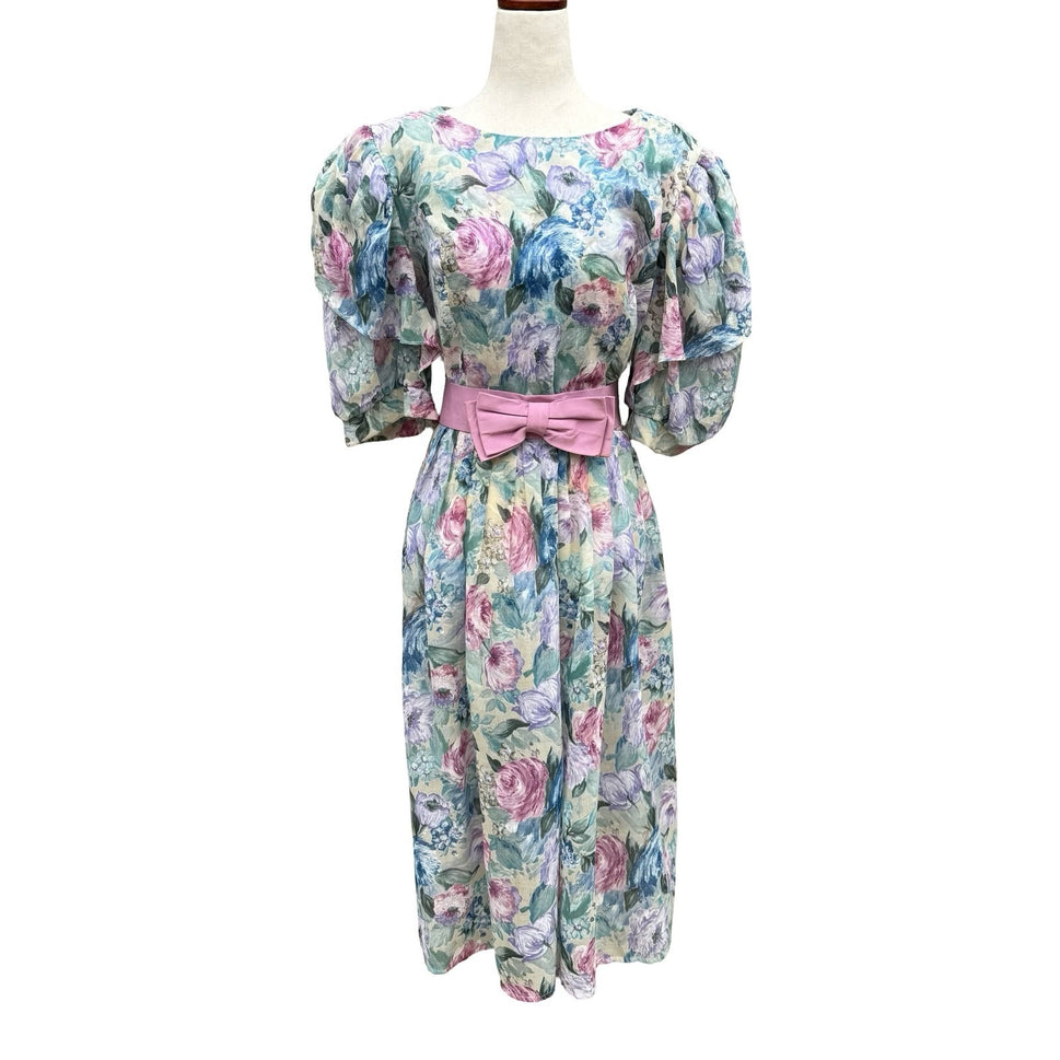 Lady Carol Vintage 80s Floral Puff Sleeve Semi Sheer Midi Dress 16 Cottagecore