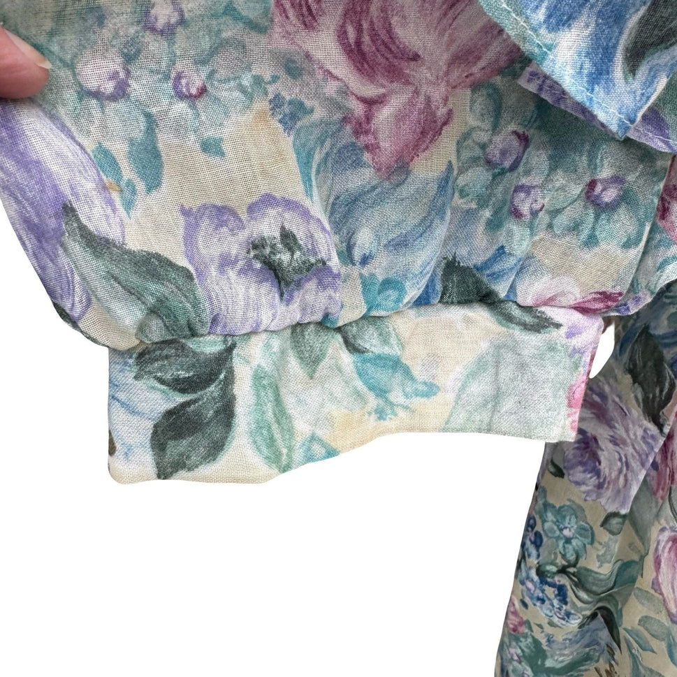 Lady Carol Vintage 80s Floral Puff Sleeve Semi Sheer Midi Dress 16 Cottagecore
