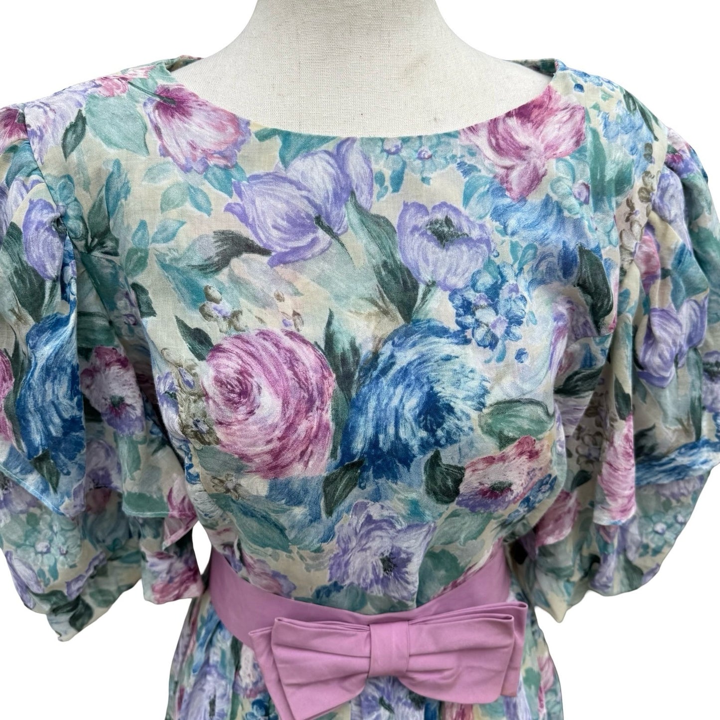 Lady Carol Vintage 80s Floral Puff Sleeve Semi Sheer Midi Dress 16 Cottagecore